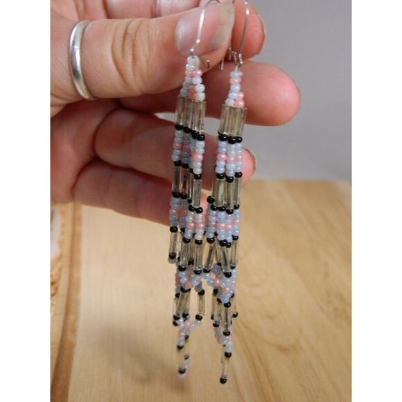 Vintage Beaded Hook Earrings, Pink Black Clear Blue Beaded Fringes Earrings - Picture 6 of 6